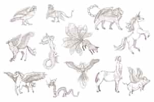 Vector gratuito boceto dibujado a mano de bestias fantásticas de mitos antiguos. dragón chino, pegaso, unicornio, grifo, arpía, sirena, aislado en blanco ilustración grabada