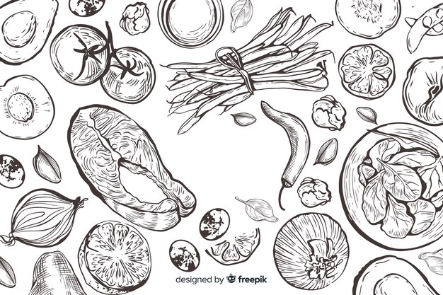 Boceto dibujado a mano fondo de alimentos saludables