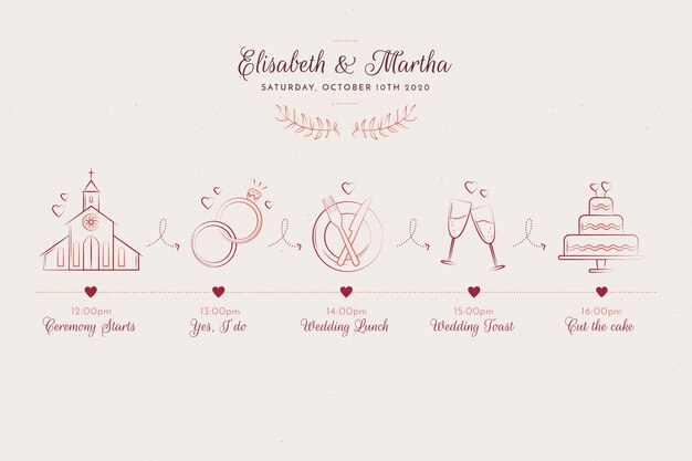 Boceto línea de tiempo de boda estilo dibujado a mano