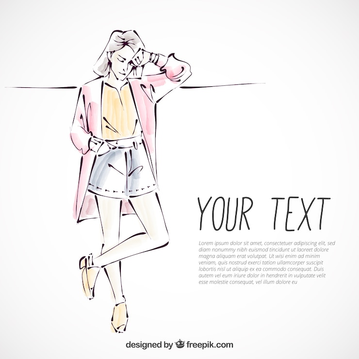 Vector gratuito boceto de una mujer joven vestida a la moda