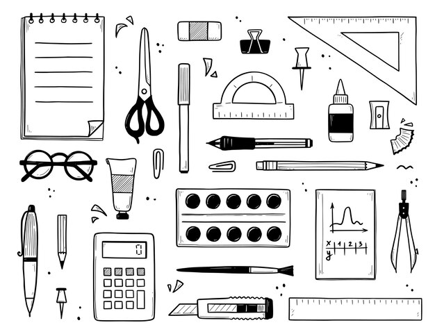 Boceto de papelería escolar y de oficina. Bolígrafos, lápiz, marcador, cuaderno y regla dibujados a mano. Juego de garabatos vectoriales de material educativo, libro de estudio, tijeras, gafas, calculadora y pinturas