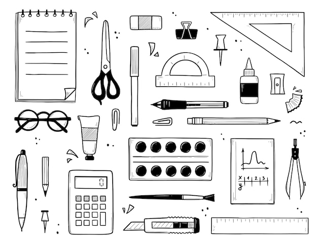 Boceto de papelería escolar y de oficina. Bolígrafos, lápiz, marcador, cuaderno y regla dibujados a mano. Juego de garabatos vectoriales de material educativo, libro de estudio, tijeras, gafas, calculadora y pinturas
