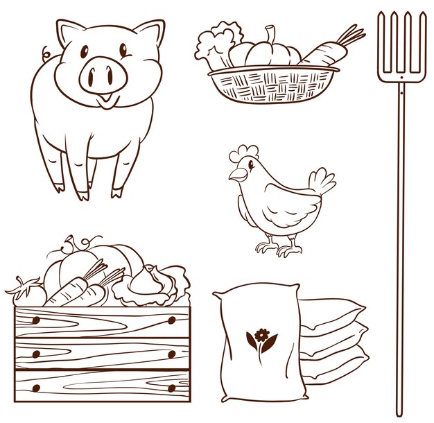 Un boceto simple de los animales de granja y las verduras cosechadas.