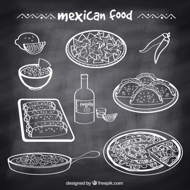 Bocetos de comida típica mexicana en estilo pizarra