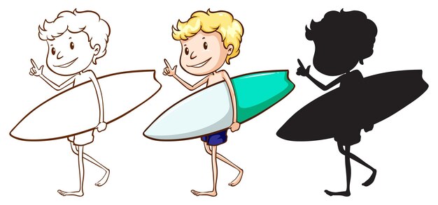 Bocetos de un niño surfeando