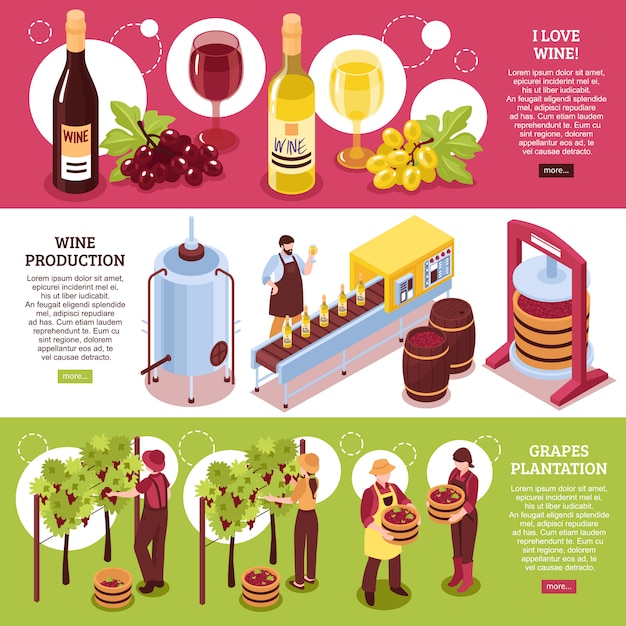 Vector gratuito bodega isométrica pancartas horizontales producción de vino tinto y blanco de bebida y plantación de uvas