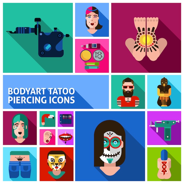 Vector gratuito bodyart tatuaje piercing conjunto de imágenes