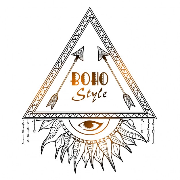 Boho estilo brillante marco tribal con flechas y todo el ojo que ve. Elemento de ética ornamental dibujado a mano.