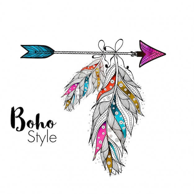 Boho estilo plumas ornamentales colgando de flecha, mano creativa dibujado elementos étnicos.