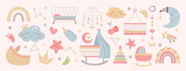 Boho objetos para bebés en estilo escandinavo decoración de la habitación del niño con linda luna nubes estrellas arco iris y