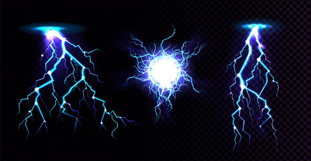 Bola eléctrica y rayo, lugar de impacto, esfera de plasma o destello de energía mágica en color azul aislado sobre fondo negro. Potente descarga eléctrica, ilustración 3d realista