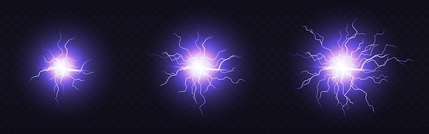 Bola eléctrica, rayo redondo, círculos de rayo azul de tamaño pequeño, mediano y grande. Golpe de energía mágica, esfera de plasma, poderosa descarga eléctrica aislada deslumbran