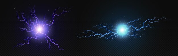 Bola eléctrica realista con efecto de explosión de perno de círculo relámpago destello de energía azul y púrpura o luz de tormenta de trueno conjunto de ilustración vectorial de plasma de energía eléctrica con bengalas y llamas