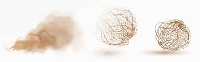 Vector gratuito bola de hierba seca de tumbleweed y nubes de polvo marrón aisladas en transparente