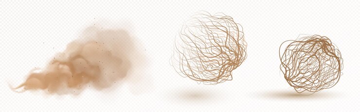 Vector gratuito bola de hierba seca de tumbleweed y nubes de polvo marrón aisladas en transparente