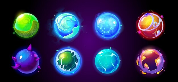 Bola mágica de la fortuna con energía luminosa vector de brillo misterio futuro contador icono de dibujos animados conjunto mago fantasía clarividente globo con poder de fuego lectura profecía predicción brujería ilustración del juego