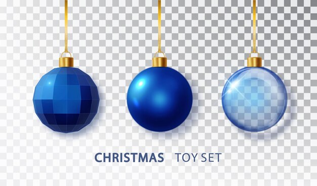 Bolas de árbol de Navidad azul con fondo transparente aislado Bolas de Navidad azules colgantes realistas Decoración de celebración de vacaciones de Navidad