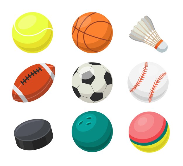 Bolas para diferentes deportes de equipo conjunto de ilustraciones vectoriales planas. Equipo para diferentes juegos: fútbol, béisbol, baloncesto, rugby, voleibol, tenis aislado sobre fondo blanco. Concepto de deportes