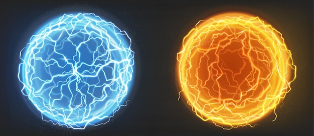 Bolas eléctricas, esferas de plasma azul y naranja.