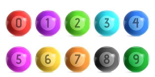 Bolas de lotería de bingo con números del cero al nueve. Vector conjunto realista de bolas de colores brillantes para juego de lotería keno o billar. Esferas brillantes 3D para juegos de casino aislado sobre fondo blanco.