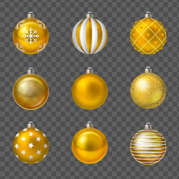Bolas de Navidad doradas decoraciones de árbol de año nuevo conjunto realista aislado en ilustración de vector de fondo transparente