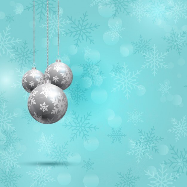 Bolas de navidad sobre fondo de copos de nieve