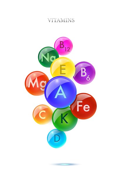 Bolas de vitamina coloridas que caen aisladas sobre fondo blanco Ilustración de farmacia