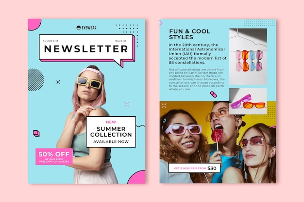 Vector gratuito boletín informativo de la nueva colección de primavera de coloridas gafas de sol memphis