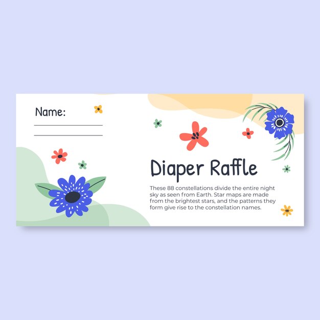 Boleto de rifa grande de pañal de baby shower dibujado a mano colorido