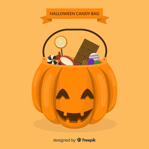 Bolsa de caramelos de halloween colorida con diseño plano