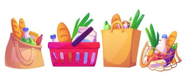 Bolsa de compras canasta de supermercado con comestibles