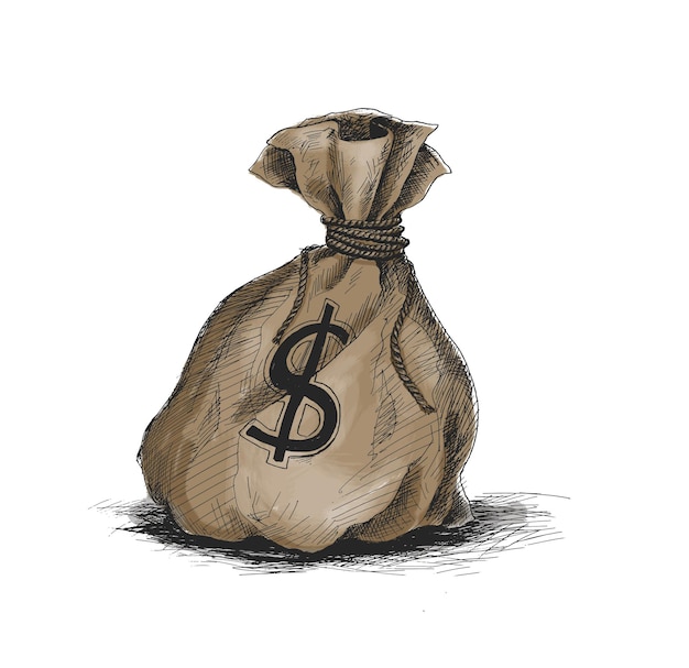 Bolsa de dinero con signo de dólar ilustración de vector de boceto dibujado a mano