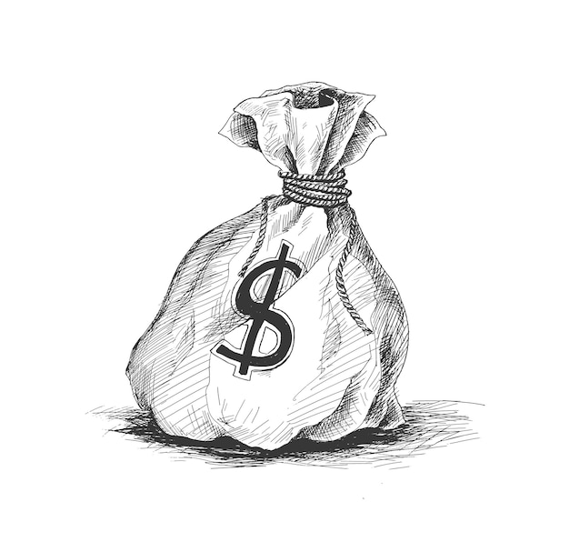 Bolsa de dinero con signo de dólar Ilustración de vector de boceto dibujado a mano