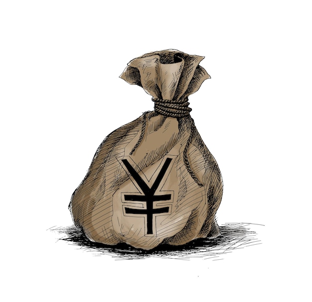 Vector gratuito bolsa de dinero con signo de yen japonés ilustración de vector de boceto dibujado a mano