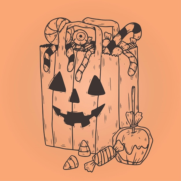 Bolsa de dulces de halloween dibujada a mano