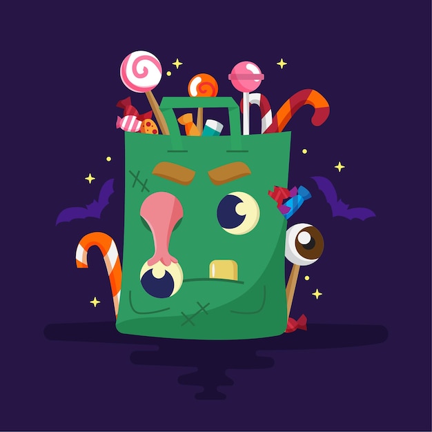 Vector gratuito bolsa de dulces de halloween de diseño plano