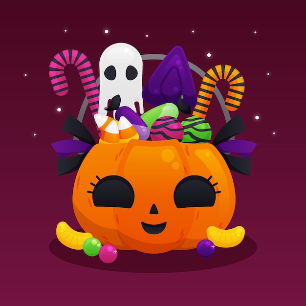 Vector gratuito bolsa de halloween plana con caramelos