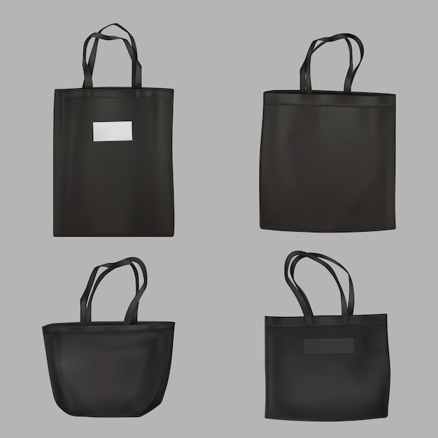 Bolsa de lona o tote hecha de tela y maqueta 3d de lino ecológico. bolsa de tela con plantilla aislada de asa, bolsa de compras reutilizable de algodón negro para compradores y abarrotes, ilustración vectorial realista