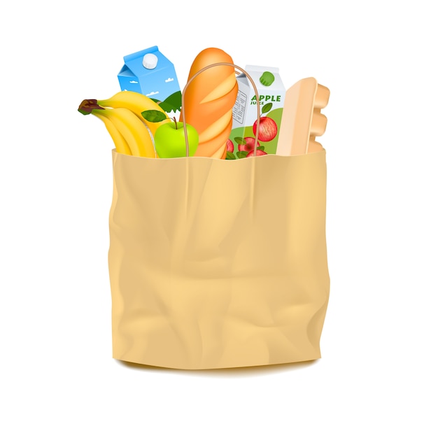 Vector gratuito bolsa de papel de supermercado con comida