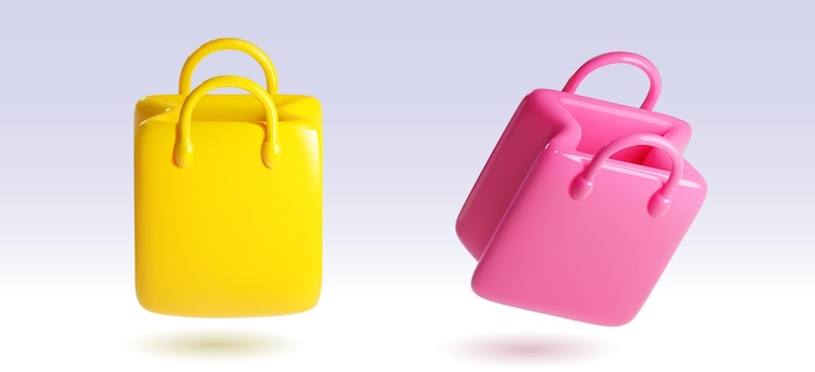 Vector gratuito bolsa de papel de tienda de renderizado 3d para regalo vector aislado ilustración de elemento de paquete de moda realista comprador de mercado reutilizable para entrega con mango en rosa y amarillo caja de compras de ropa de compra