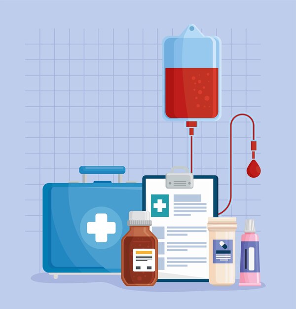 Bolsa de sangre e iconos médicos