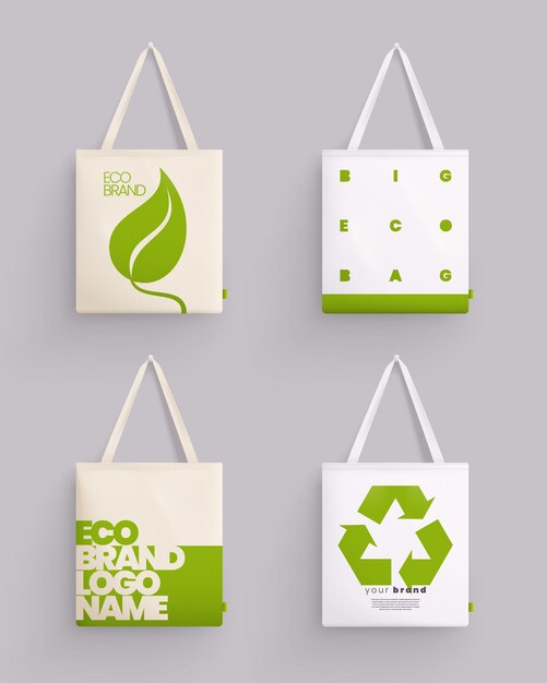 Bolsa de tela tote maqueta conjunto realista de cuatro imágenes aisladas con bolsas de tela e ilustración de vector de arte ecológico
