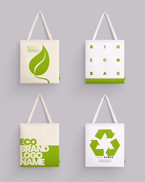 Bolsa de tela tote maqueta conjunto realista de cuatro imágenes aisladas con bolsas de tela e ilustración de vector de arte ecológico