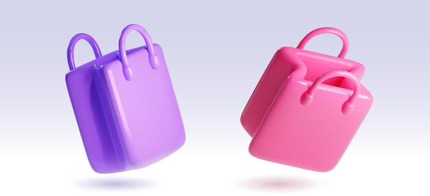 Bolsas de compras 3D establecidas aisladas en el fondo Ilustración vectorial realista de paquetes de plástico brillante púrpura y rosa para compra o regalo descuento o icono de venta para tienda diseño de sitio web tienda de moda