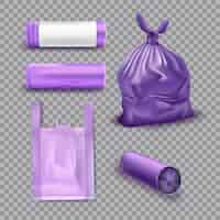 Vector gratuito bolsas de plástico moradas para juego de basura paquete para basura y basura con mango ilustración vectorial contenedor y rollo sobre fondo transparente paquete desechable de supermercado