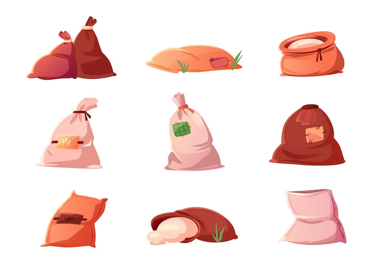 Vector gratuito bolsas y sacos con juego de cereal de arroz de harina de grano