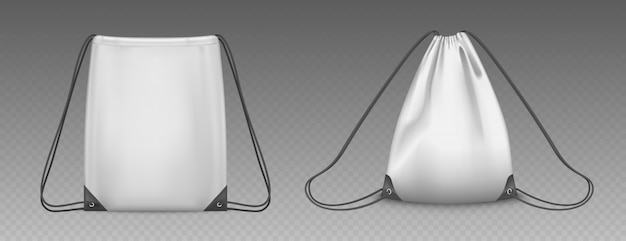 Bolso de mochila con cordones aislados. Maqueta realista de vector de bolsa escolar para ropa y zapatos, mochilas deportivas vacías y llenas blancas con cuerdas