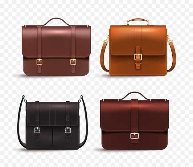Bolso de negocios de cuero realista para hombres con cuatro maletines diferentes accesorios de moda en ilustración de vector de fondo transparente