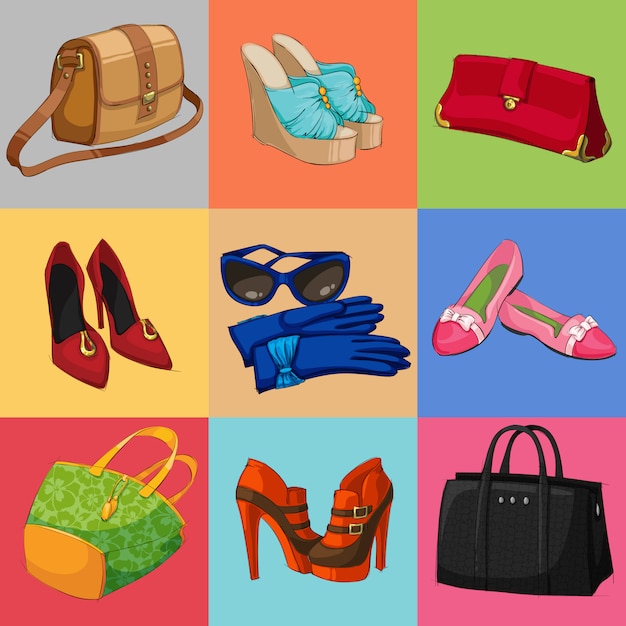 Vector gratuito bolsos mujer colección de zapatos y accesorios.