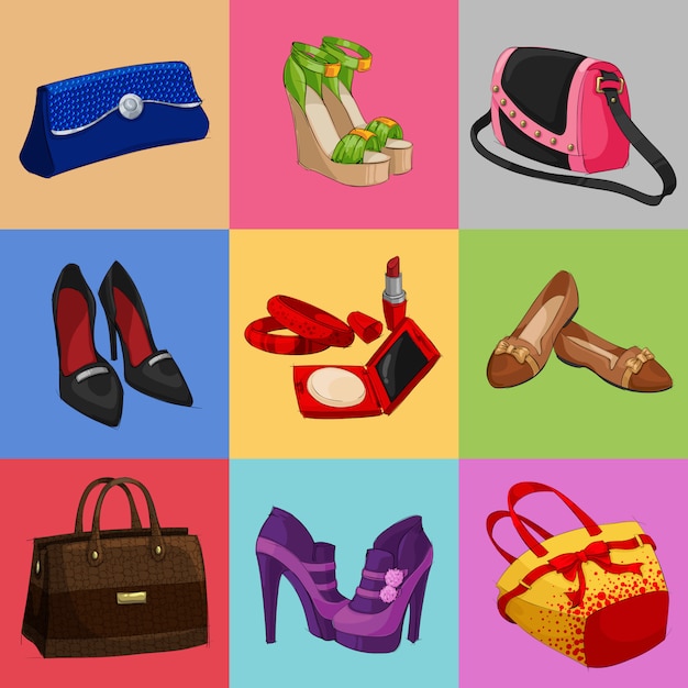 Vector gratuito bolsos mujer colección de zapatos y accesorios.